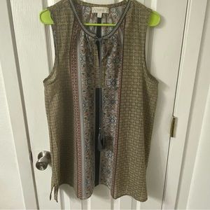 Suzanne Betro Weekend 1X Women’s Sleeveless Sheer Tunic top ditzy print tassel